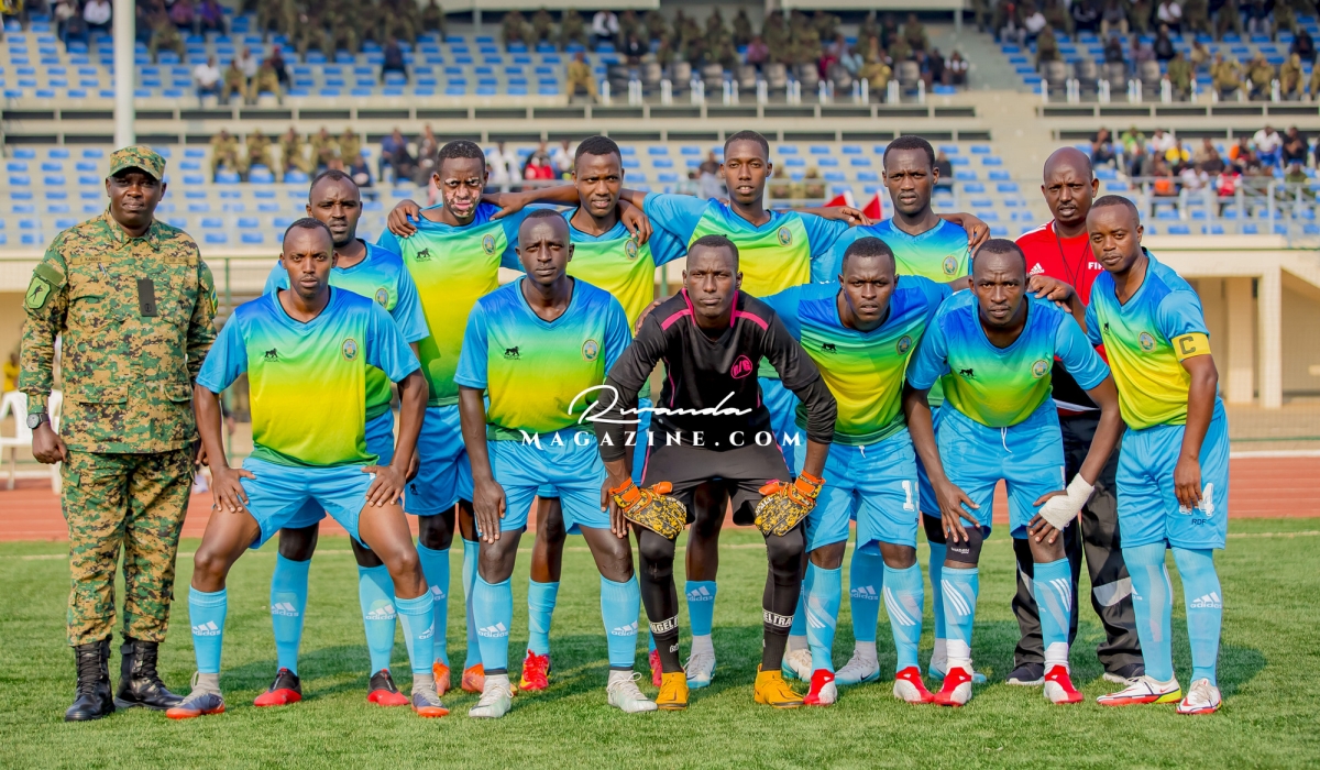 Republican Guard (RG) FC line up for the Semi-Final match. RG FC beat   Mechanized Infantry team 4-1 at Bugesera Stadium. Photo by Christophe Renzaho