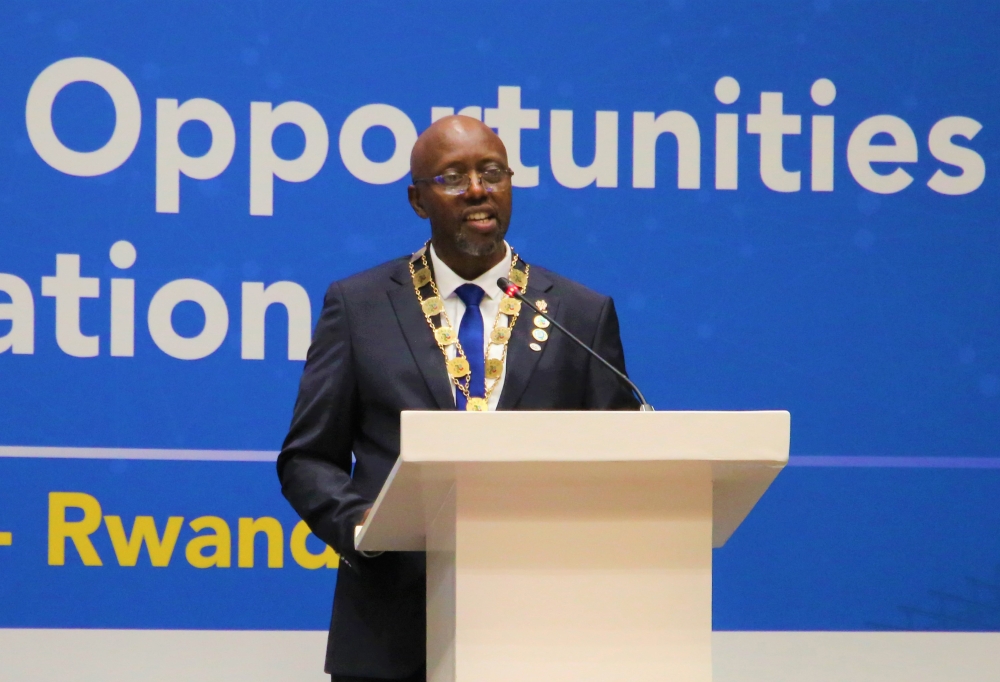 Papias Kazawadi Dedeki, the newly appointed president of the Federation of African Engineering Organization (FAEO) addresses the conference in Kigali. Photo by Craish Bahizi