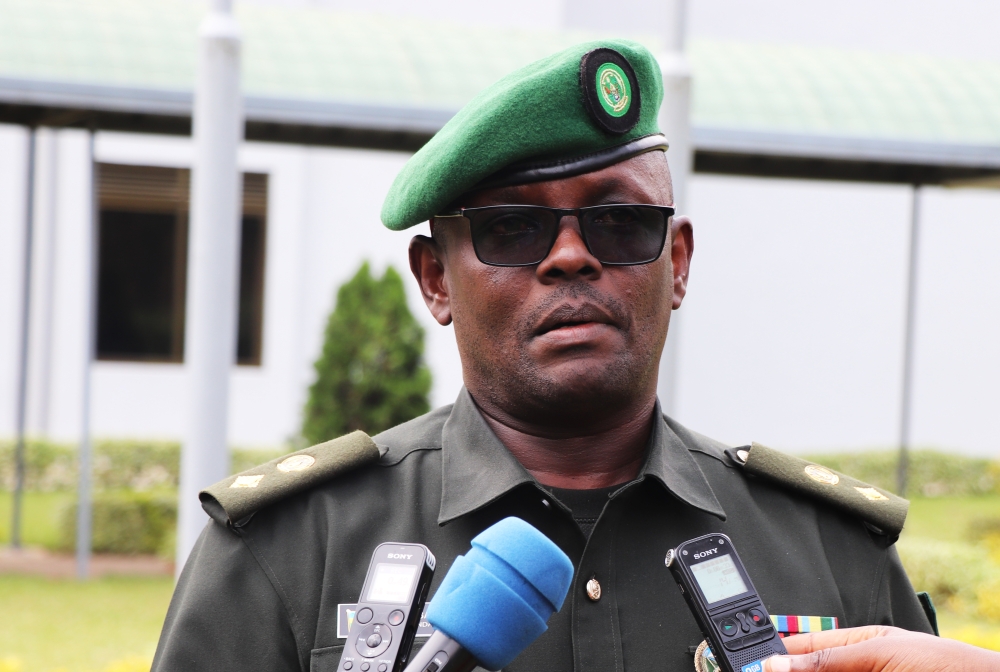 Lt Col Innocent Nkubana, one of the RDF officers who completed the course on the prevention of recruitment and use of child soldiers, seen here speaks to journalists at the Rwanda Peace Academy (RPA) in Musanze District, on Friday, January 27. Courtesy