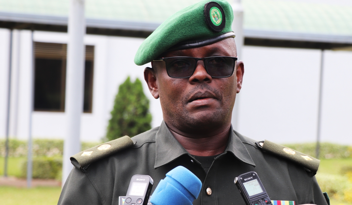 Lt Col Innocent Nkubana, one of the RDF officers who completed the course on the prevention of recruitment and use of child soldiers, seen here speaks to journalists at the Rwanda Peace Academy (RPA) in Musanze District, on Friday, January 27. Courtesy
