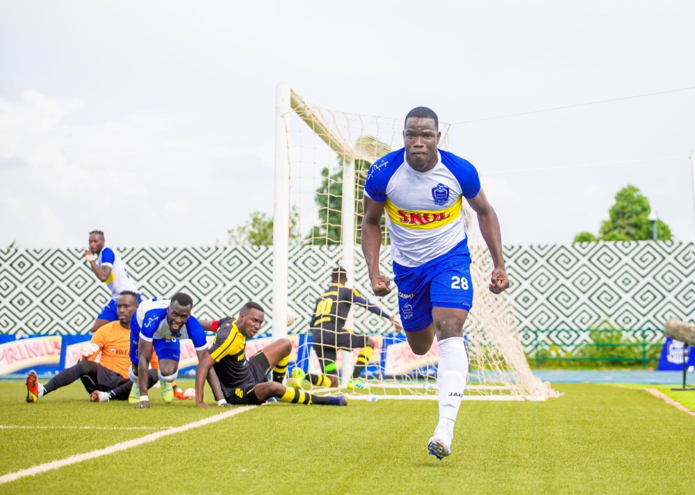 Rayon Sports striker Moussa Camara celebrates his goal that a referee refused during the club’s encounter against Mukura Saturday, January 28, at Huye Stadium.