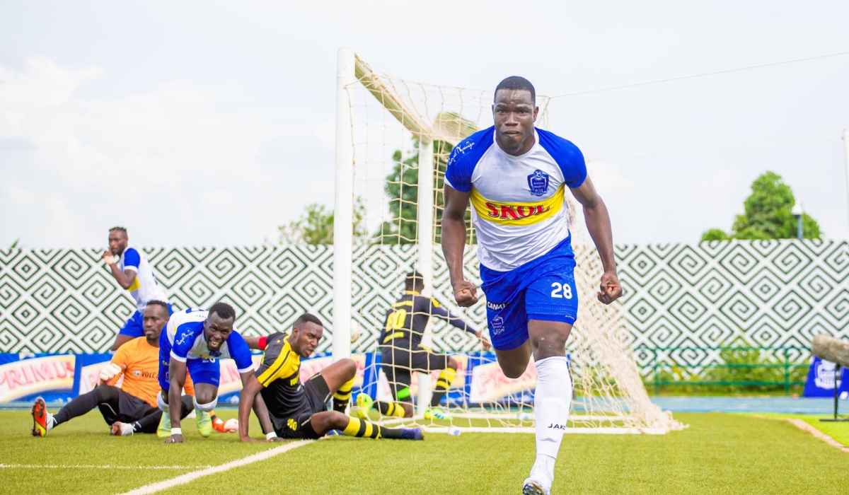 Rayon Sports striker Moussa Camara celebrates his goal that a referee refused during the club’s encounter against Mukura Saturday, January 28, at Huye Stadium.