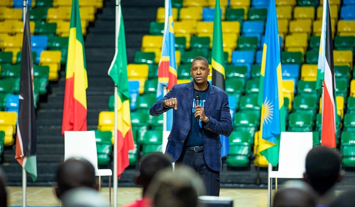 Masai Ujiri, Founder of Giants of Africa and President of the NBA’s Toronto Raptors speaks at the launch of the Giants of Africa Festival at the Kigali Arena on Thursday on February 20,2020. File