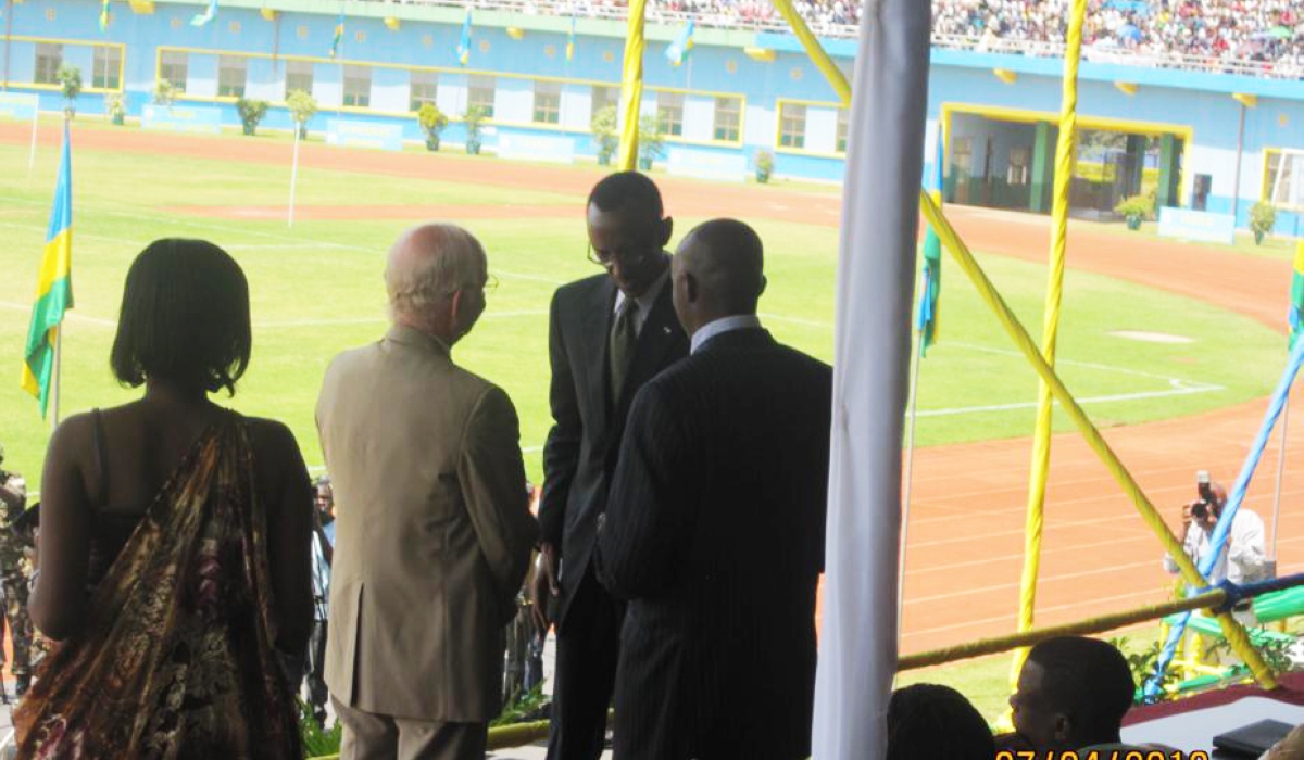 President Kagame awards the National Liberation Medal to  Roger Winter during the Liberation Day Ceremony at Amahoro National Stadium on July 4, 2010. Roger Winter was a recipient of two national heroes’ medals, namely the National Liberation Medal (Uruti) and Rwanda’s Campaign Against Genocide Medal (Umurinzi) in 2010. Photo by Ted Dagne