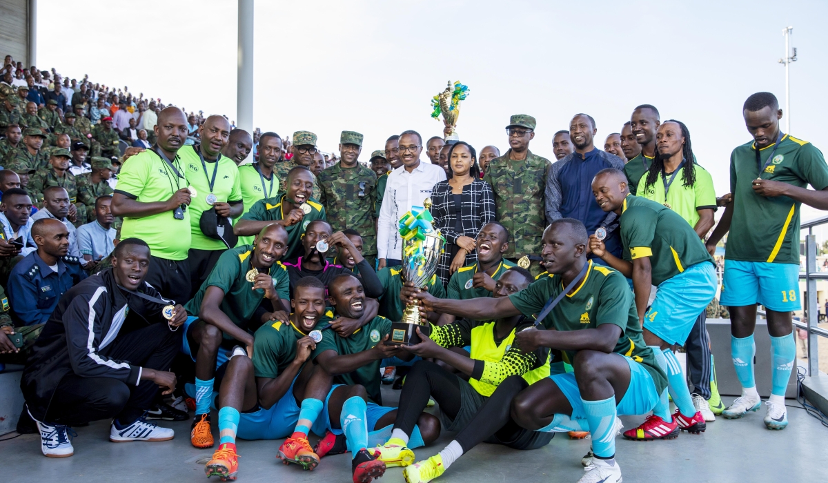Minister of Defence Maj Gen Albert Murasira and  Rwanda Defence Force Chief of Defence Staff, Gen Jean-Bosco Kazura with other senior officers in a group photo with the winners. Republican Guard (RG) FC have retained their title for the second time in a row after beating Special Operation Forces (SOF) 2-1 in the final of the RDF Inter Force Competition 2022-2023 at Bugesera Stadium on January 31. Photo by Olivier Mugwiza