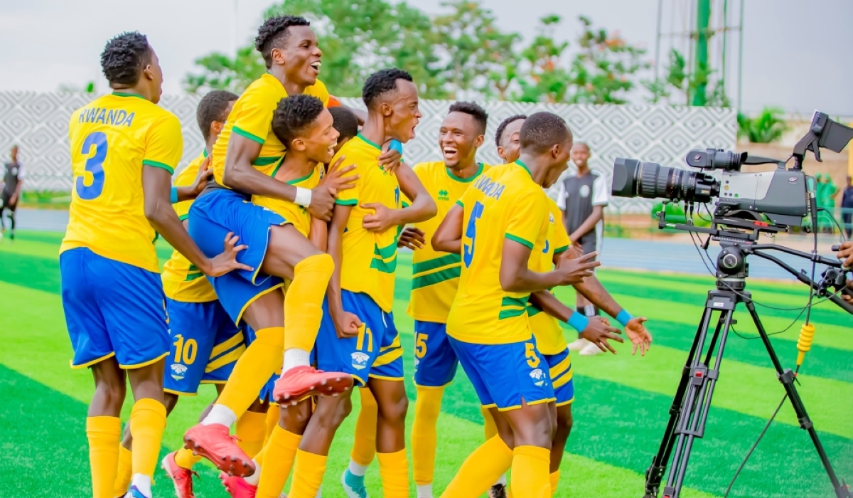 U-23 national team players celebrate the second goal during the match against Libya at Huye stadium. FERWAFA has revealed that the Huye based stadium is ready to host AFCON matches. File