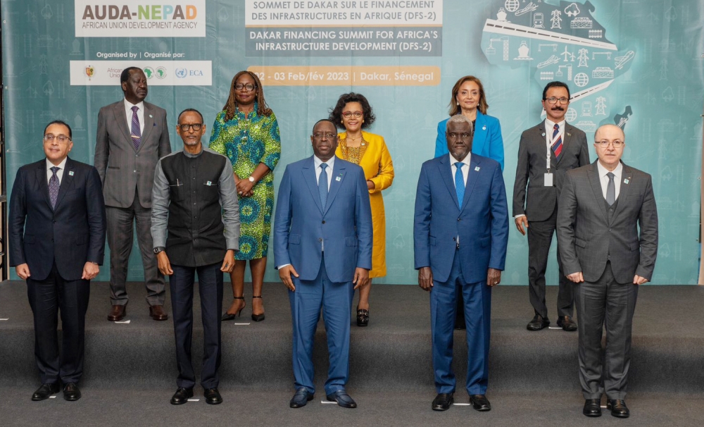 President Paul Kagame in a group photo with senior delegates at the second Dakar Financing Summit for Africa’s Infrastructure Development in Senegal, on Thursday, February 2. While speaking during a panel discussion, Kagame emphasized on the need to have political will and financing to meet Africa’s infrastructure development needs. Photo by Village Urugwiro