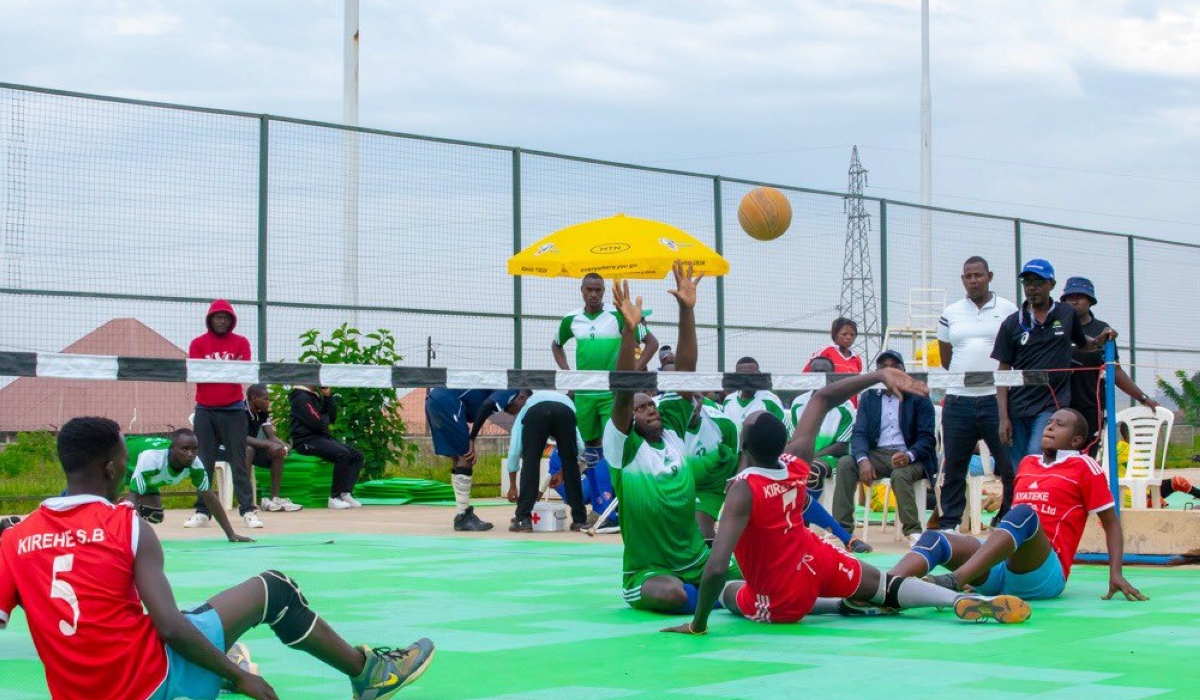 Kirehe sitting volleyball team play with Karongi during a recent game in Bugesera. Eight teams  will contest for the 2023 Heroes Day Sitting volleyball tournament scheduled for February 4-5 at Club Rafiki.