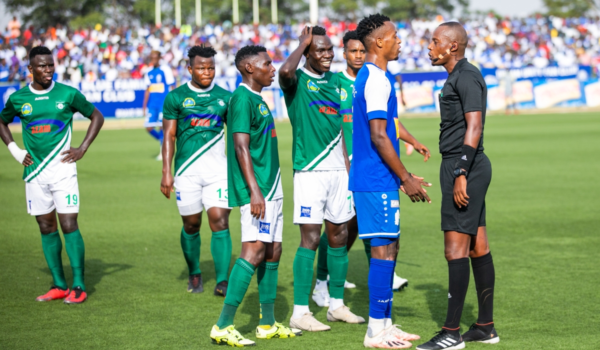 Rayon Sports player reacts to the referee&#039;s decision during a past derby. The Blues will face Kiyovu Sports at Muhanga Stadium  on Sunday, February 5. Photos by Oliver Mugwiza