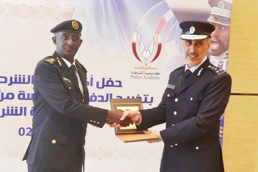 Deputy Inspector General of Police (DIGP) in charge of Operations, Felix Namuhoranye and Director General of Public Security of Qatar, Lt Gen. Saad Bin Jassim Al Khulaifi at their meeting on Thursday, February 2
