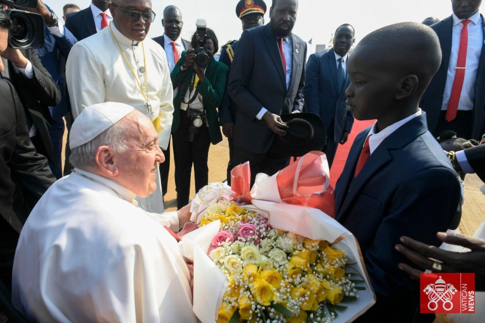 Pope Francis arrives at Juba International Airport in Juba, South Sudan on Friday, February 3
