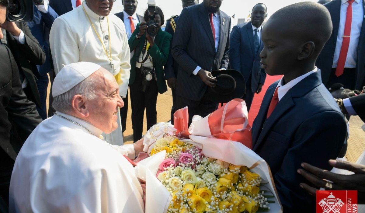 Pope Francis arrives at Juba International Airport in Juba, South Sudan on Friday, February 3