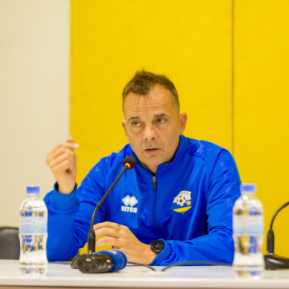 Amavubi head coach Carlos Alos Ferrer speaks to journalists during a press briefing. Courtesy