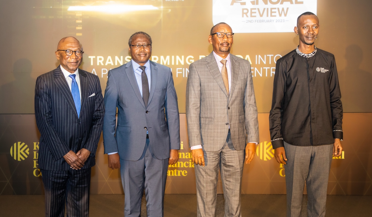 (L-R): Diko Mukete, the board vice chair of Kigali International Financial Centre, the Minister for Finance and Economic Planning Uzziel Ndagijimana,
the Central Bank Governor John Rwangombwa and Nick Barigye, Chief Executive Officer of Rwanda Finance Limited, during the ceremony at Kigali
Convention Centre, on February 2. All photos: Courtesy.