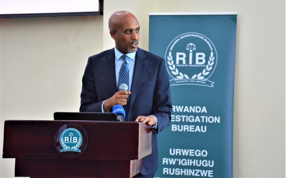 The Minister of Justice, Emmanuel Ugirashebuja addressing Rwanda Investigation Bureau (RIB) staff during the annual general assembly in Kigali, on Tuesday, February 7, 2023. Courtesy