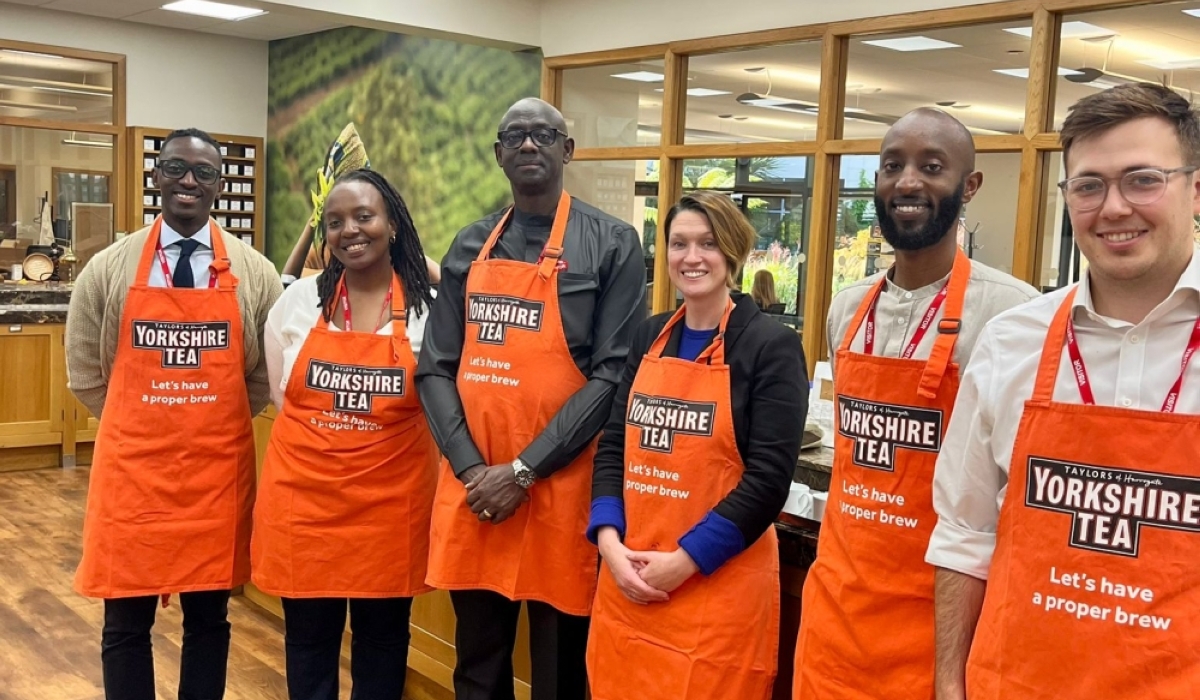 The High Commission team and Johnston Busingye, Rwanda&#039;s High Commissioner to the UK, pose for a photo at Taylors of Harrogate, as they visited some of the UK’s most prestigious and popular importers and retailers of Rwandan tea .