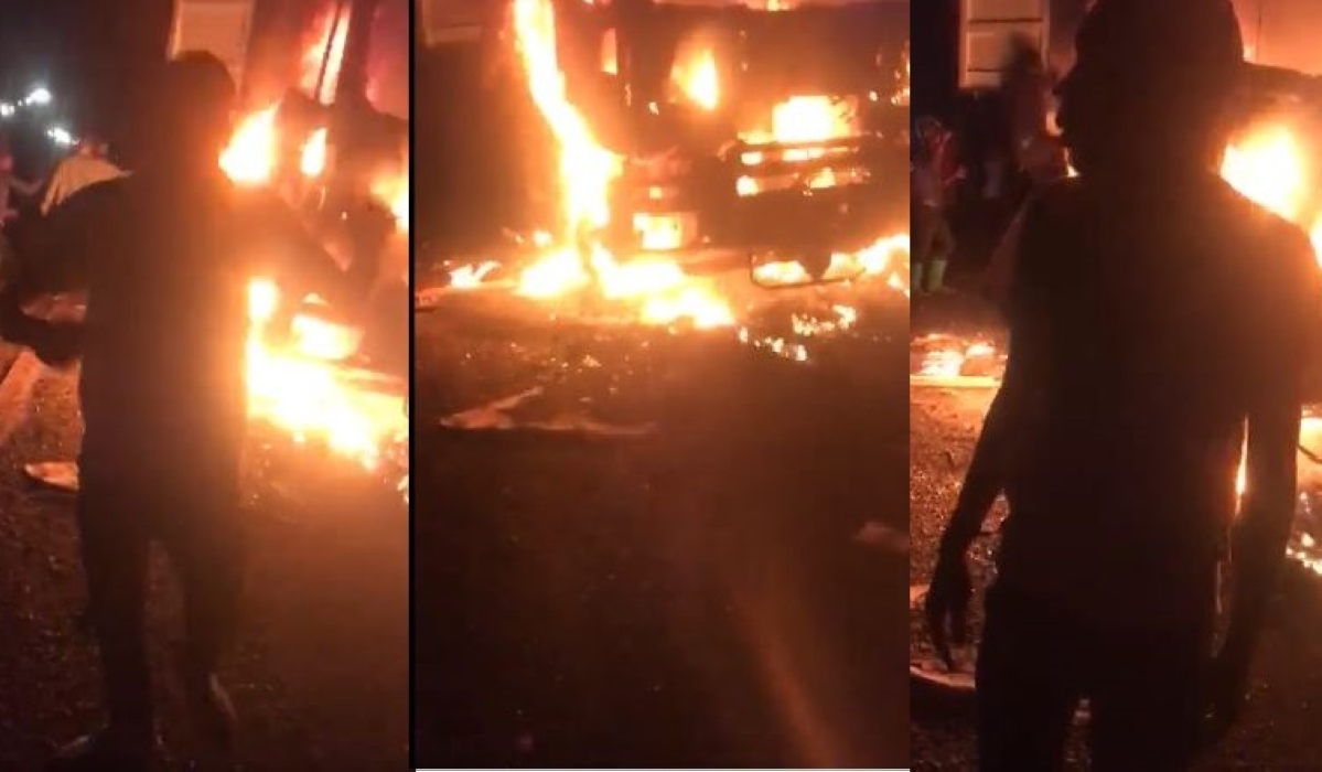 A screenshot of a video where demonstrators set on fire a convoy of the UN mission, MONUSCO, on Tuesday, February 7. Courtesy