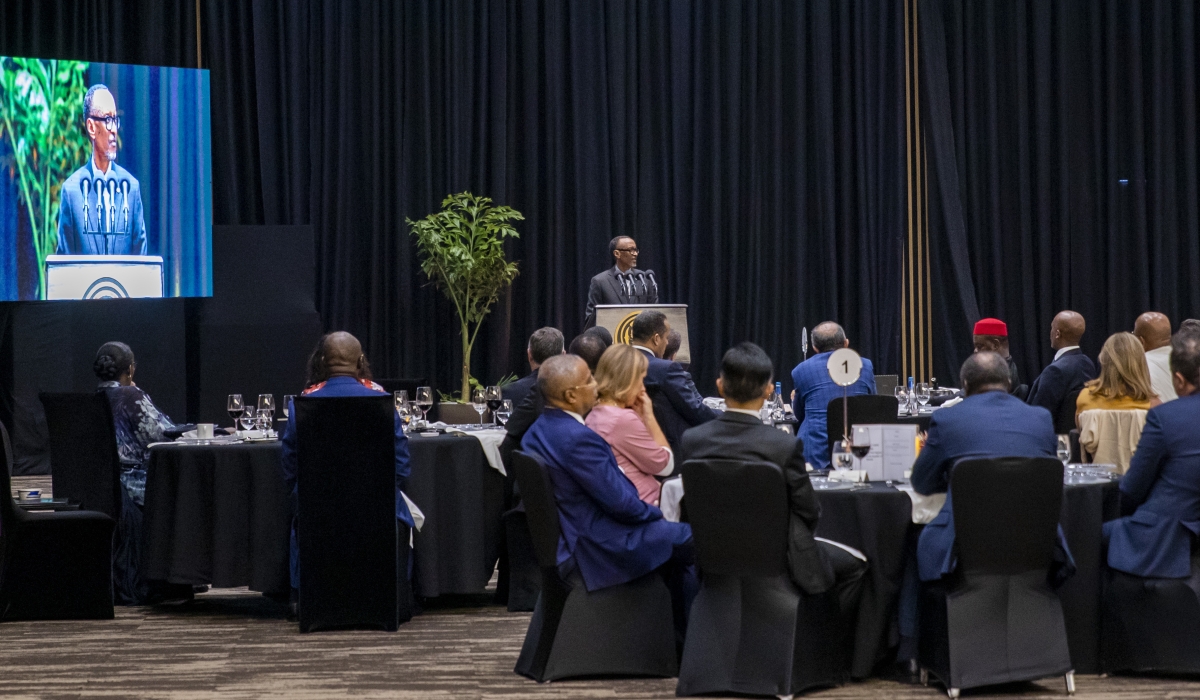 President Kagame addressing diplomats accredited to Rwanda during a gala dinner
