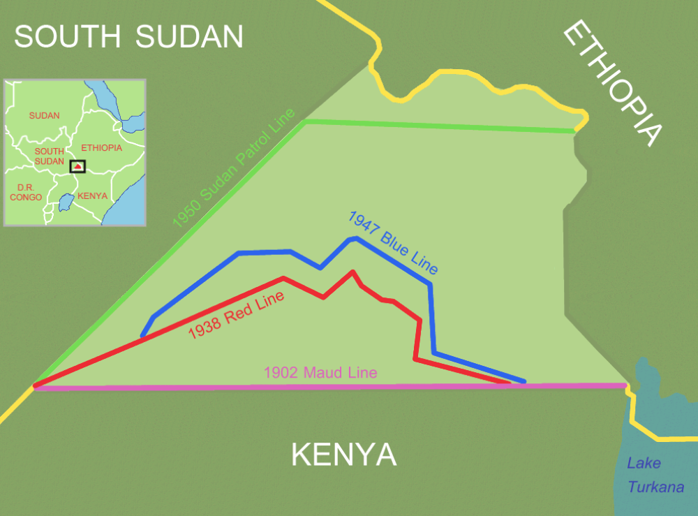 A map of the Ilemi Triangle showing 1938 "red line" or "Wakefield Line", 1947 "blue line" and Sudan&#039;s 1950 patrol line (green).