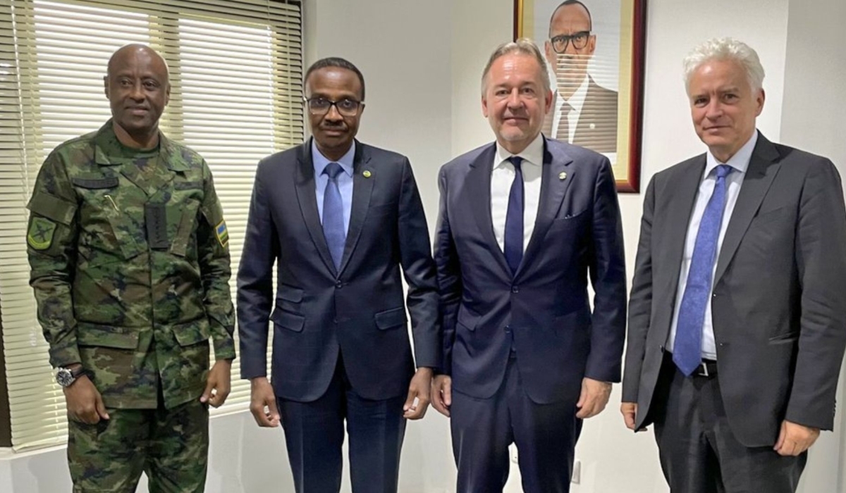 (L-R) Chief of Defence Staff (CDS), Gen Jean Bosco Kazura, Minister for Defence, Maj Gen Albert Murasira ,  Christoph Retzlaff, the Director for Sub-Saharan Africa and Sahel in the German Foreign Office and  Ambassador of the Federal Republic of Germany to Rwanda Dr. Thomas Kurz  pose for a photo after a meeting in Kigali. Courtesy