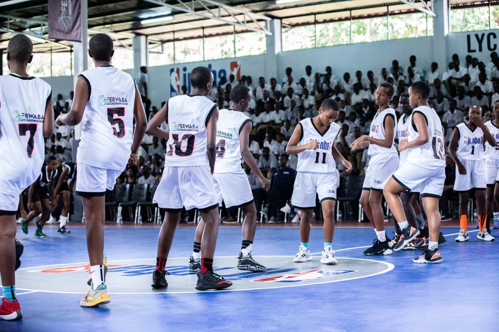 Players during a friendly game during the inauguration of the 1500-seat facility that  was under construction through a partnership between NBA Africa and  FERWABA since October 2022.