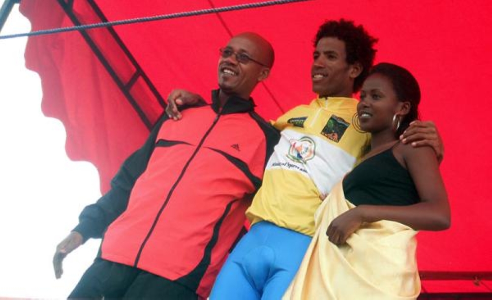 Former President of FERWACY Aimable Bayingana pose for a picture with the Eritrean Daniel Teklehaimanot, the winner of Tour du Rwanda 2010 during the awarding celemony. The cycling legend  will participate at Tour du Rwanda 2023 edition. File