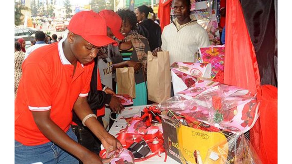 Gift vendors pack different  Valentine’s Day gifts in Kigali. The day is celebrated on February 14. File