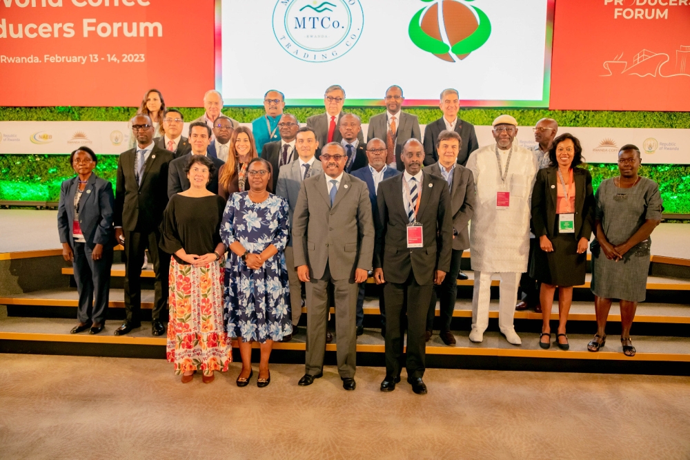 Senior delegates in a group photo at the  opening the third World Coffee Producers Forum (WCPF), taking place in Kigali from February 13 to February 14. Photos by Craish Bahizi