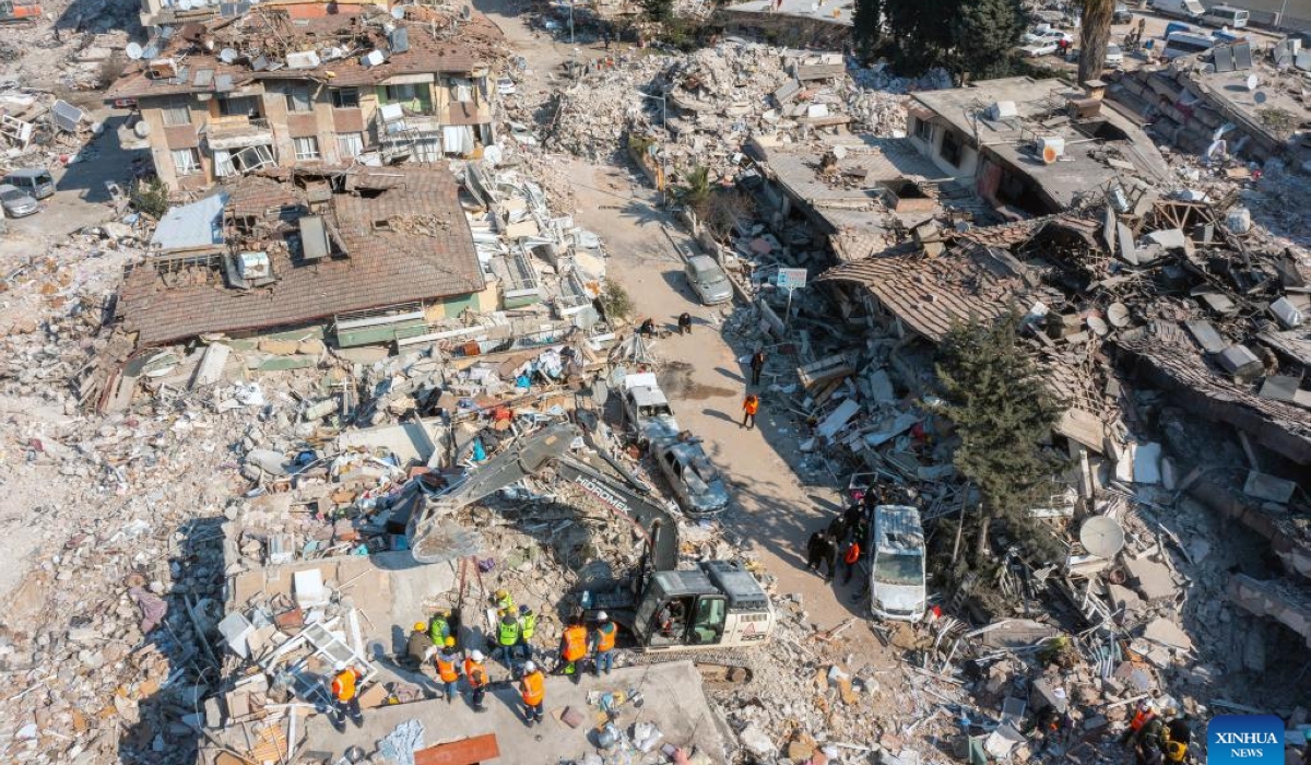 This aerial photo taken on Feb. 12, 2023 shows a scene after the earthquake in Antakya, Hatay Province, Türkiye. The death toll from the twin earthquakes that rocked Türkiye and Syria on Feb. 6 has climbed to 29,605 and 1,414 respectively as of Sunday evening. (Photo by Mustafa Kaya/Xinhua)