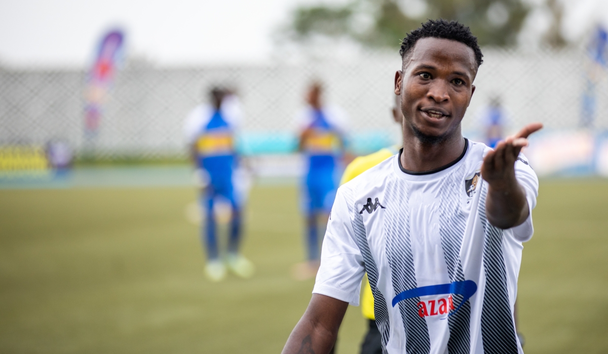 APR FC Striker Lague Byiringiro reacts to the referee&#039;s decision for the match at Huye stadium. Lague has sent an emotional farewell to APR supporters before heading to the Swedish third tier club Sandvik