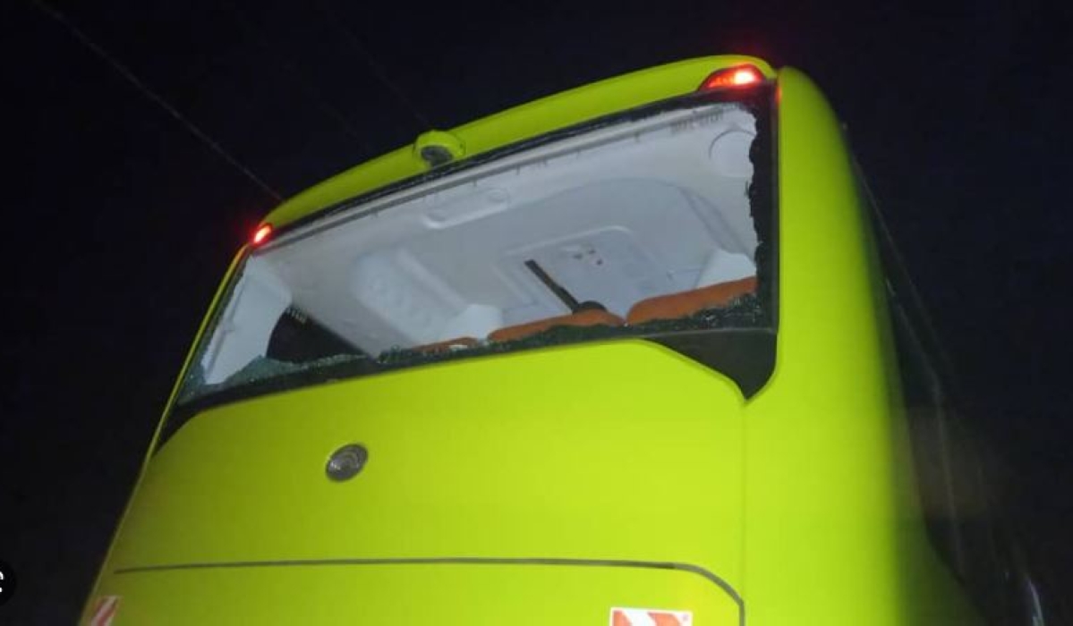 A damaged bus that was transporting APR FC supporters who were attacked by unkown gangs on the way back to Kigali on Sunday,February 12. Courtesy