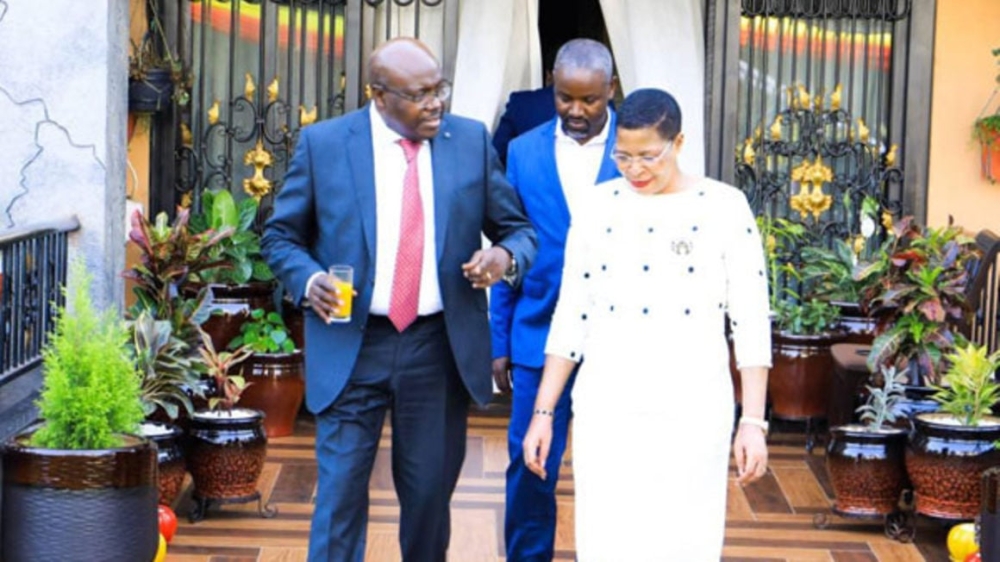 Uganda Parliament’s Speaker of Anita Among (right) and her deputy Thomas Tayebwa with EALA Speaker Joseph Ntakirutimana (left) during a dinner at Ms Among&#039;s residence in Kampala. Net photo