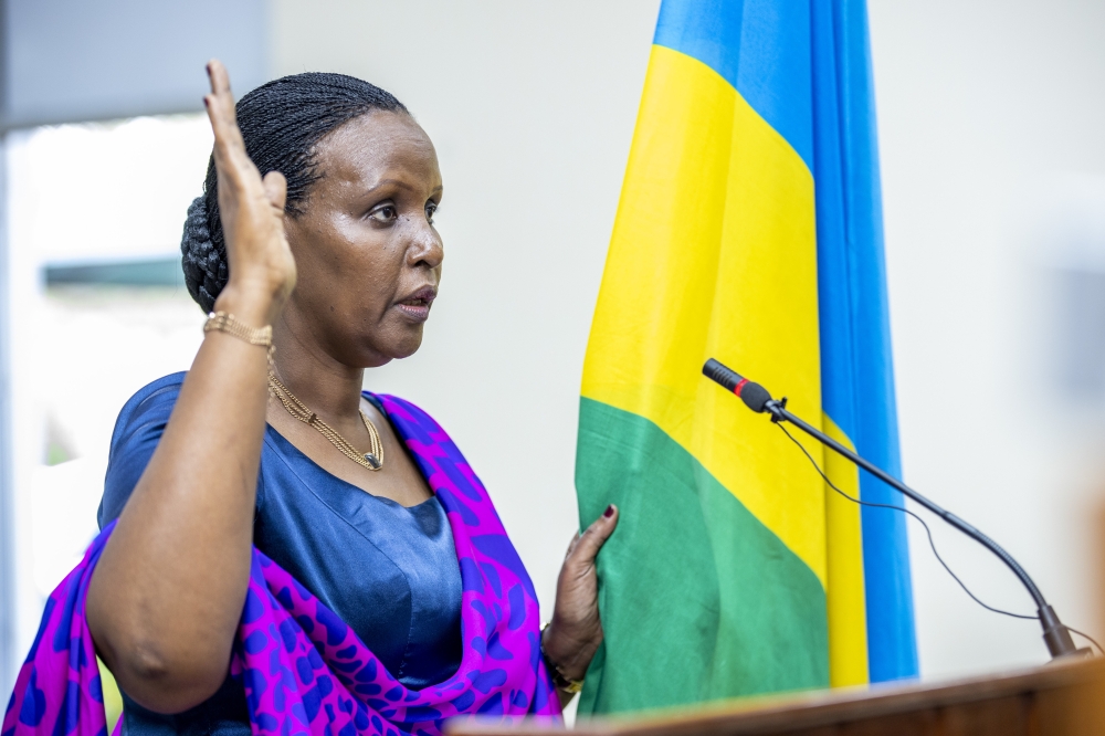 Oda Gasinzigwa, the new chairperson of the National Electoral Commission, swearing in on Wednesday, February 15, 2023.  The National Electoral Commission is proposing to harmonize the timelines for the upcoming Parliamentary and Presidential elections. Photo by Olivier Mugwiza
