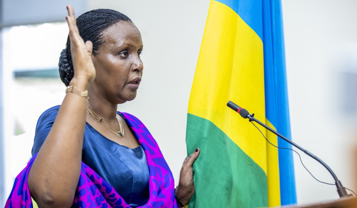 Oda Gasinzigwa, the new chairperson of the National Electoral Commission, swearing in on Wednesday, February 15, 2023.  The National Electoral Commission is proposing to harmonize the timelines for the upcoming Parliamentary and Presidential elections. Photo by Olivier Mugwiza