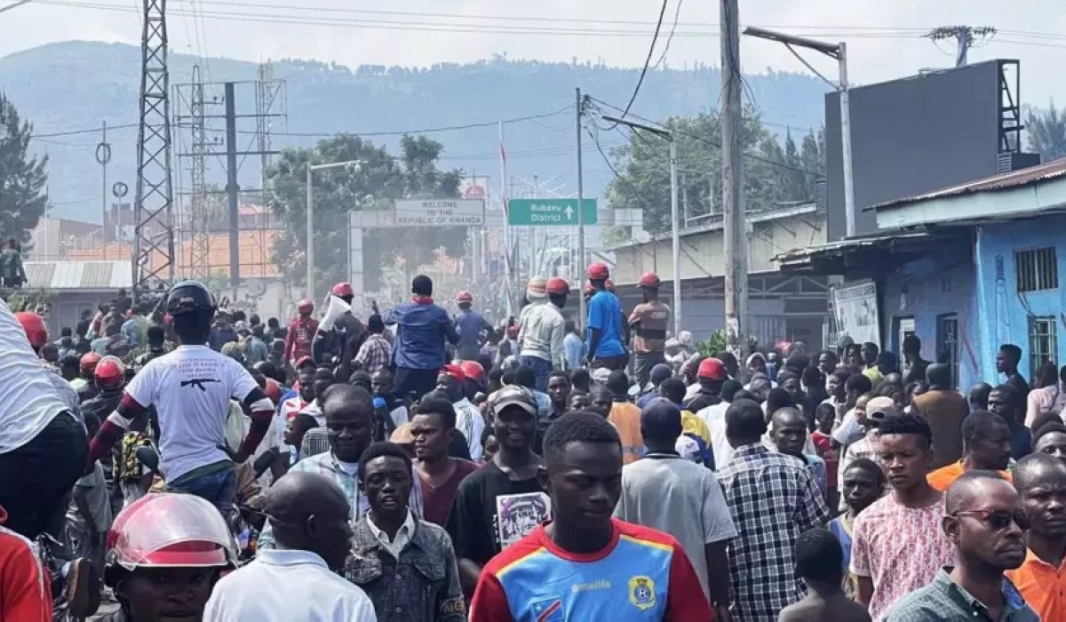 Protesters from Goma city during a demonstration at the border between DR Congo and Rwanda on June 15, 2022.