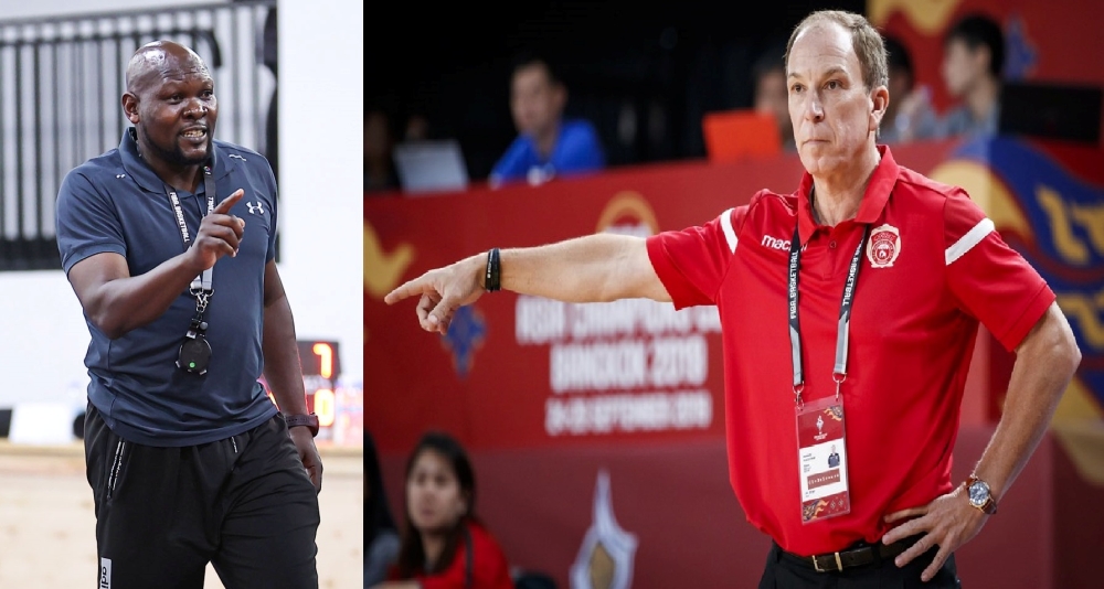 APR BBC head coach Cliff Owuor (L) and REG  coach Dean Murray. APR BBC will face REG at Lycee de Kigali Gymnasium on Friday, 9pm.
