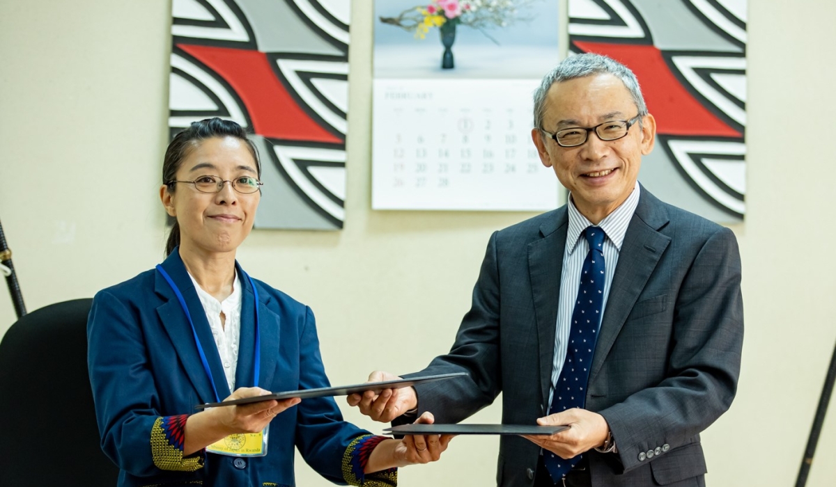 The Ambassador of Japan to Rwanda, Isao Fukishima and Community Road Empowerment (CORE) representative after signing a $324,000 support to the government to revamp rural infrastructure . Courtesy
