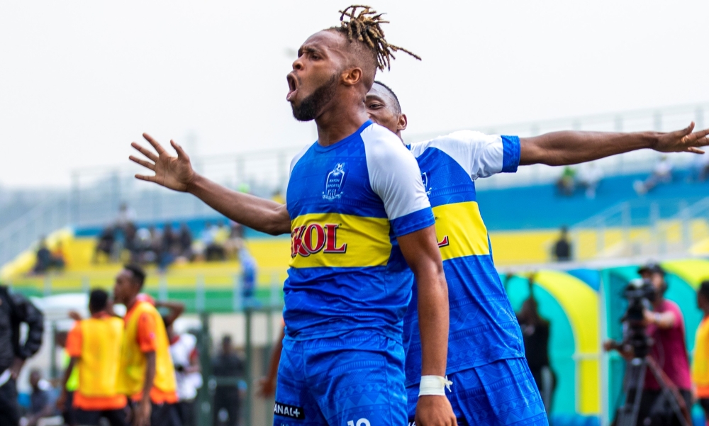 Brace scorer the Cameroonian attacker Leandre Willy Onana celebrates his goal as he helps Rayon Sports to beat Gasogi 2-1 on Saturday at Bugesera Stadium . All photos by Olivier Mugwiza