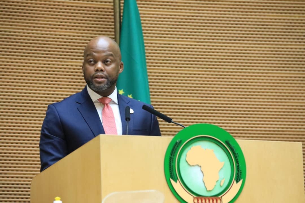 The Secretary General of the African Continental Free Trade Area (AfCFTA), Wamkele Mene,delivers remarks during the African Union Summit held under the theme “Accelerated Implementation of the AfCFTA.