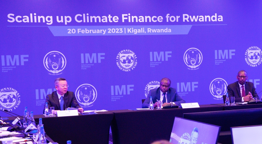 The deputy Managing Director of the International Monetary Fund (IMF), Bo Li, Minister of Finance Uzziel  Ndagijimana and Central Bank Governor John Rwangombwa during a meeting in Kigali on February 20