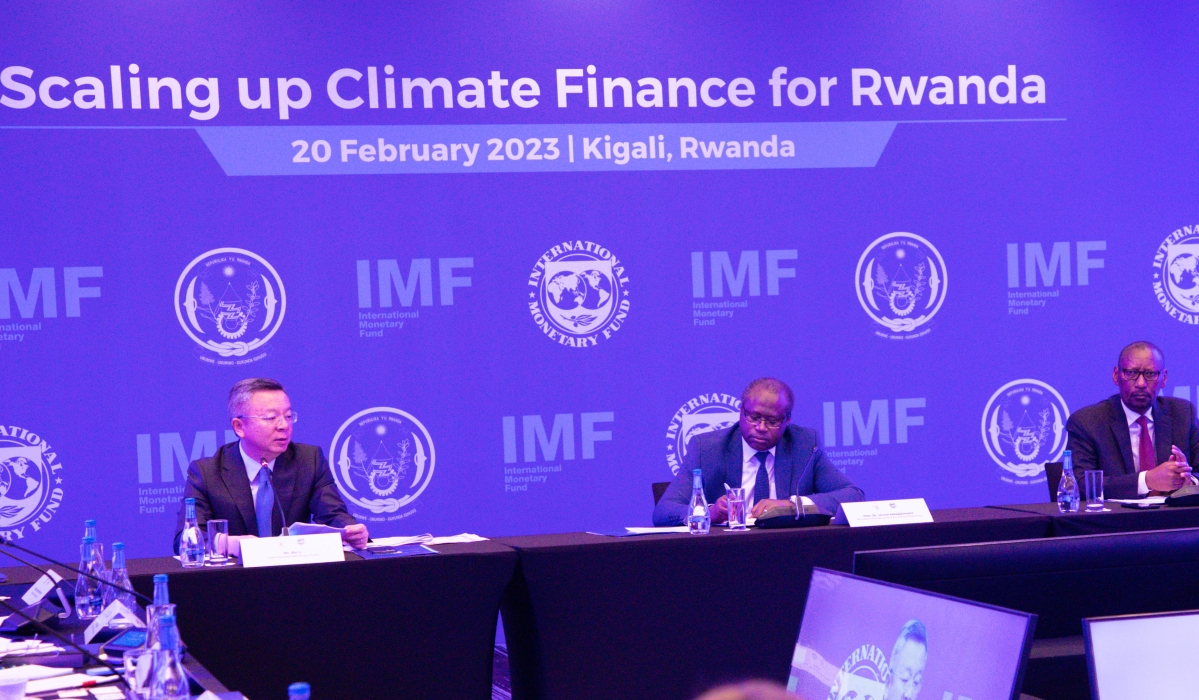 The deputy Managing Director of the International Monetary Fund (IMF), Bo Li, Minister of Finance Uzziel  Ndagijimana and Central Bank Governor John Rwangombwa during a meeting in Kigali on February 20