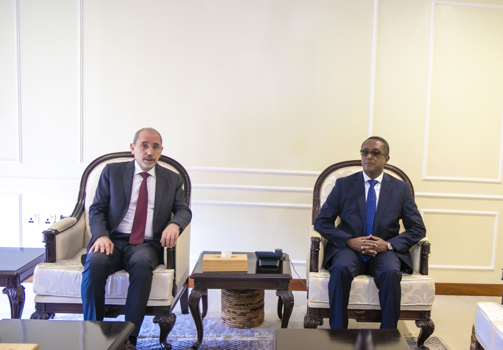 Ayman Safadi, the Deputy Prime Minister and Minister of Foreign Affairs and Expatriates of the Kingdom of Jordan meets Minister Vincent Biruta after his arrival at the airport on Tuesday, February 21