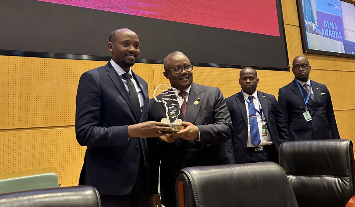 Minister of Health Dr Sabin Nsanzimana  received the ALMA award for Rwanda&#039;s best institutionalization and innovation in malaria control at  the sidelines of the African Union  Summit in Addis Ababa, Ethiopia on February 18