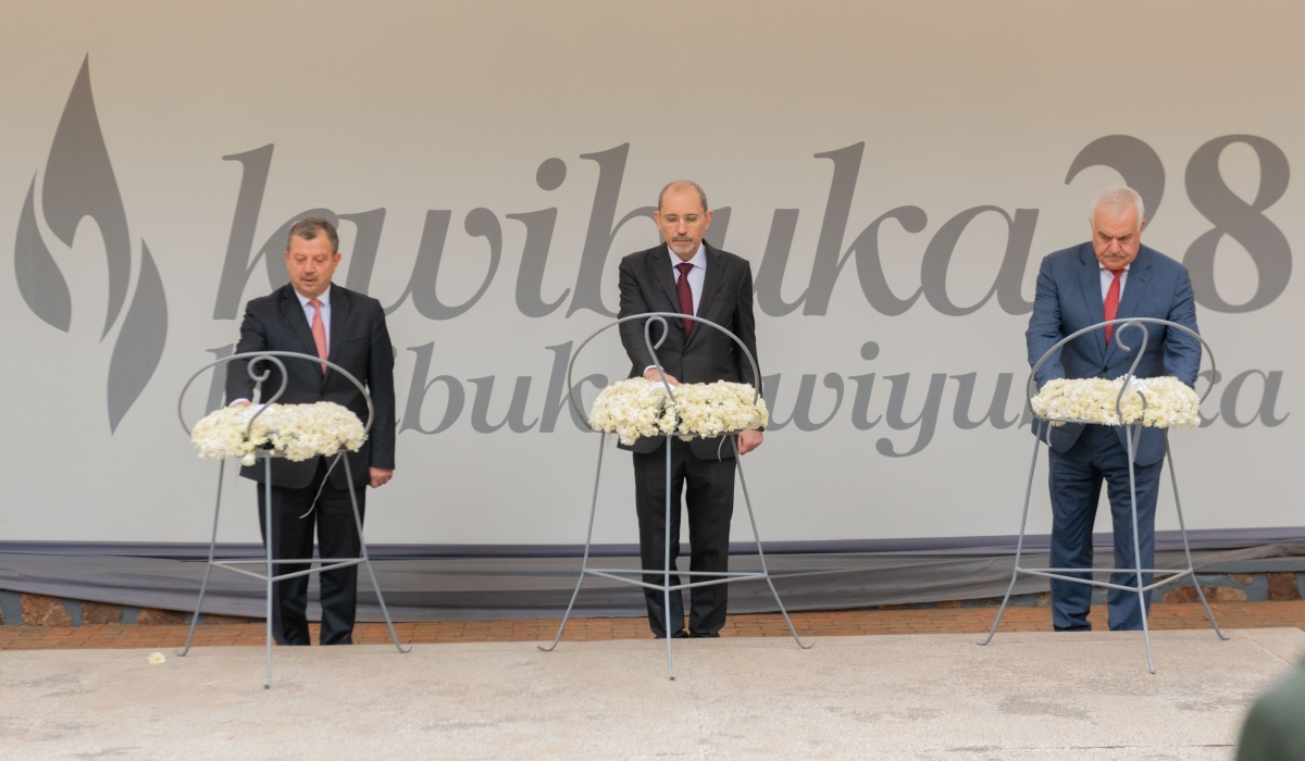 Ayman Safadi, the Deputy Prime Minister and Minister of Foreign Affairs and Expatriates of the Kingdom of Jordan (C) and delegates lay wreaths to pay tributes to the victims of the Genocide against the Tutsi Tuesday, February 21. Photos by Craish Bahizi