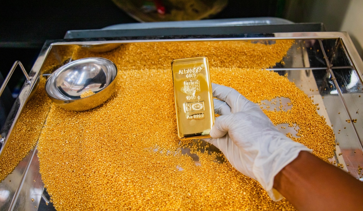 A smartphone shaped-like gold ingot on display at Aldango Gold Refinery at the Kigali Special Economic Free Zone in June 2019. / File