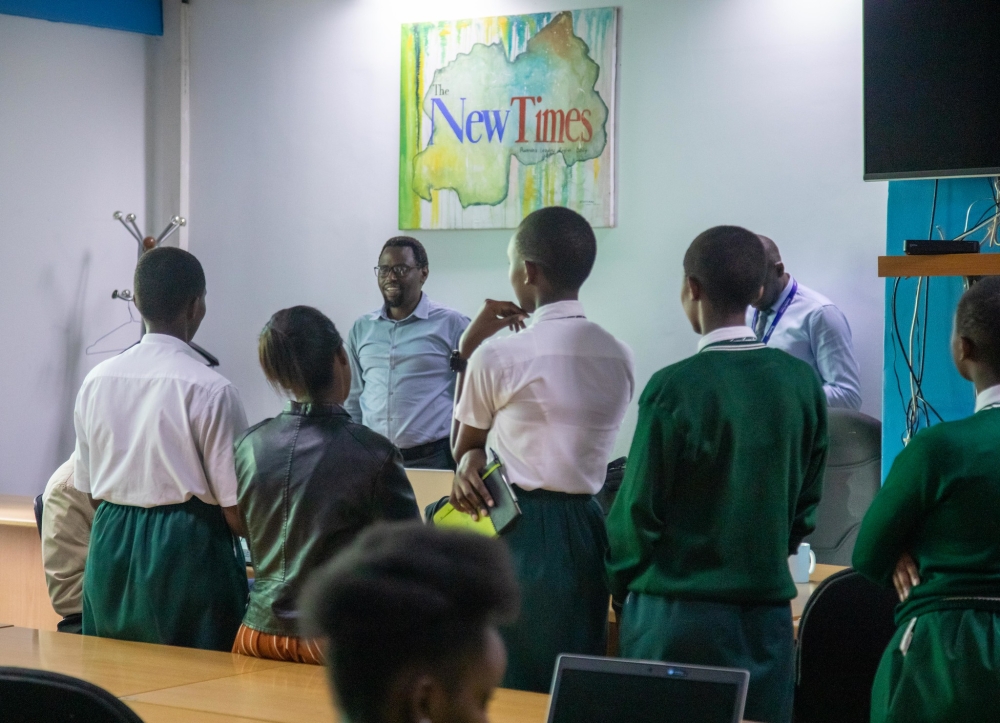The New Times Managing Director James Munyaneza speaks to Inyange Girls School of Sciences during their visit at The New Times on Wednesday, February 22