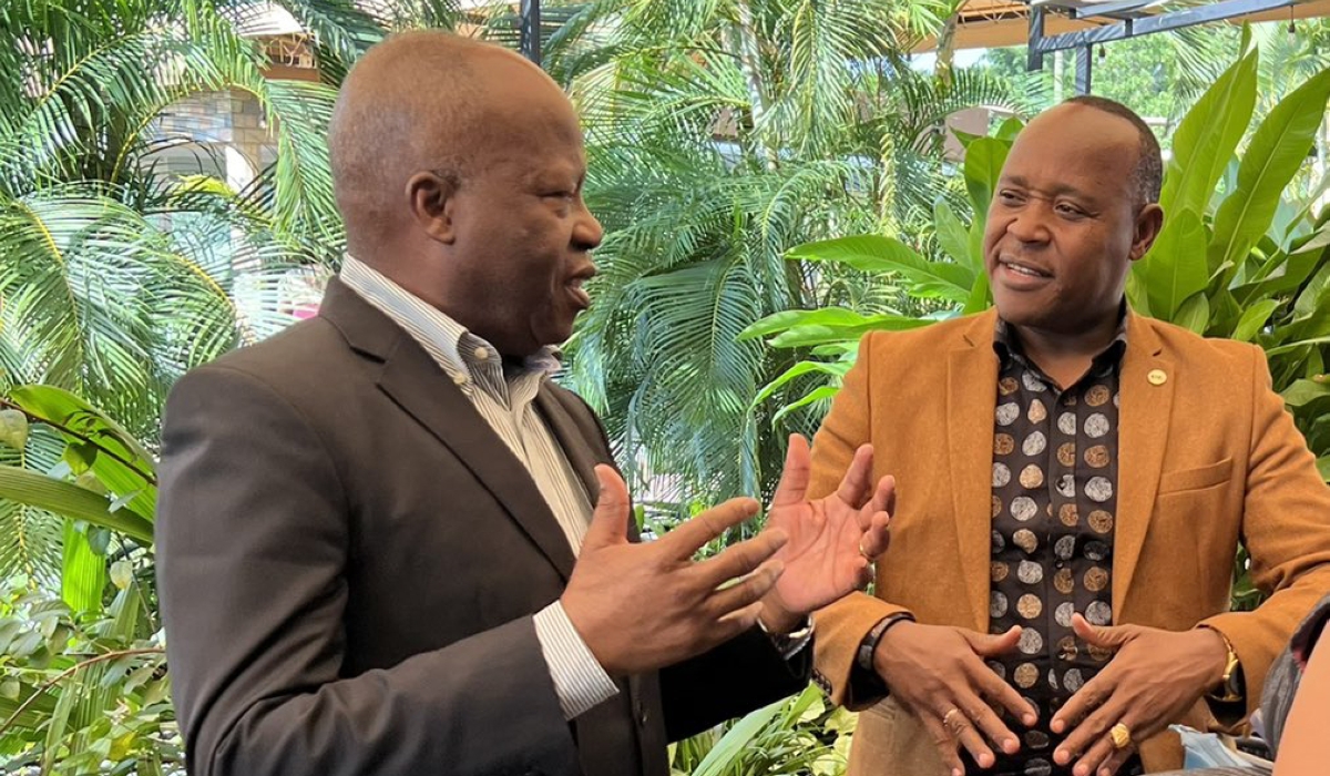 The East African Community Secretary General, Peter Mathuki (R) meets with the Executive Secretary of the International Conference on the Great Lakes Region, Amb. João Caholo , on Wednesday, February 22. Courtesy