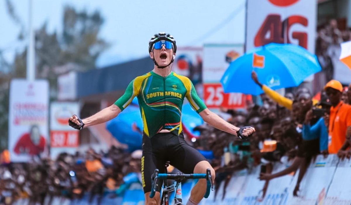 Callum Ormiston  who rides for Team South Africa celebrates his win of stage 5 after crossing the finish line with a stunning solo sprint to clinch the 195.5 kilometre stage to Rubavu on Thursday. Photo by Christopher Renzaho 