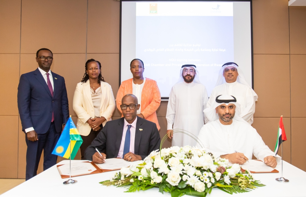 Rwanda Private sector Federation CEO   Stephen Ruzibiza  and Muhammad Hassan Al-Sabab, Ag. Director General of Ras Al Khaimah Chamber sign an MoU on trade and investments during the third day of the UAE-Rwanda Business Forum on Wednesday, February 23. The agreement will allow both parties to exchange trade and investment-related information, promoting investment opportunities and the development of joint ventures in various sectors.  Courtesy 