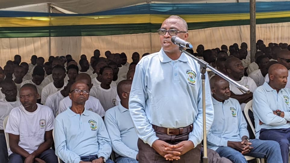 A former militia Colonel, Joseph Gatabazi speaks during an event to distribute tool kits in Mutobo, on February 23. Photo by Germain Nsanzimana.